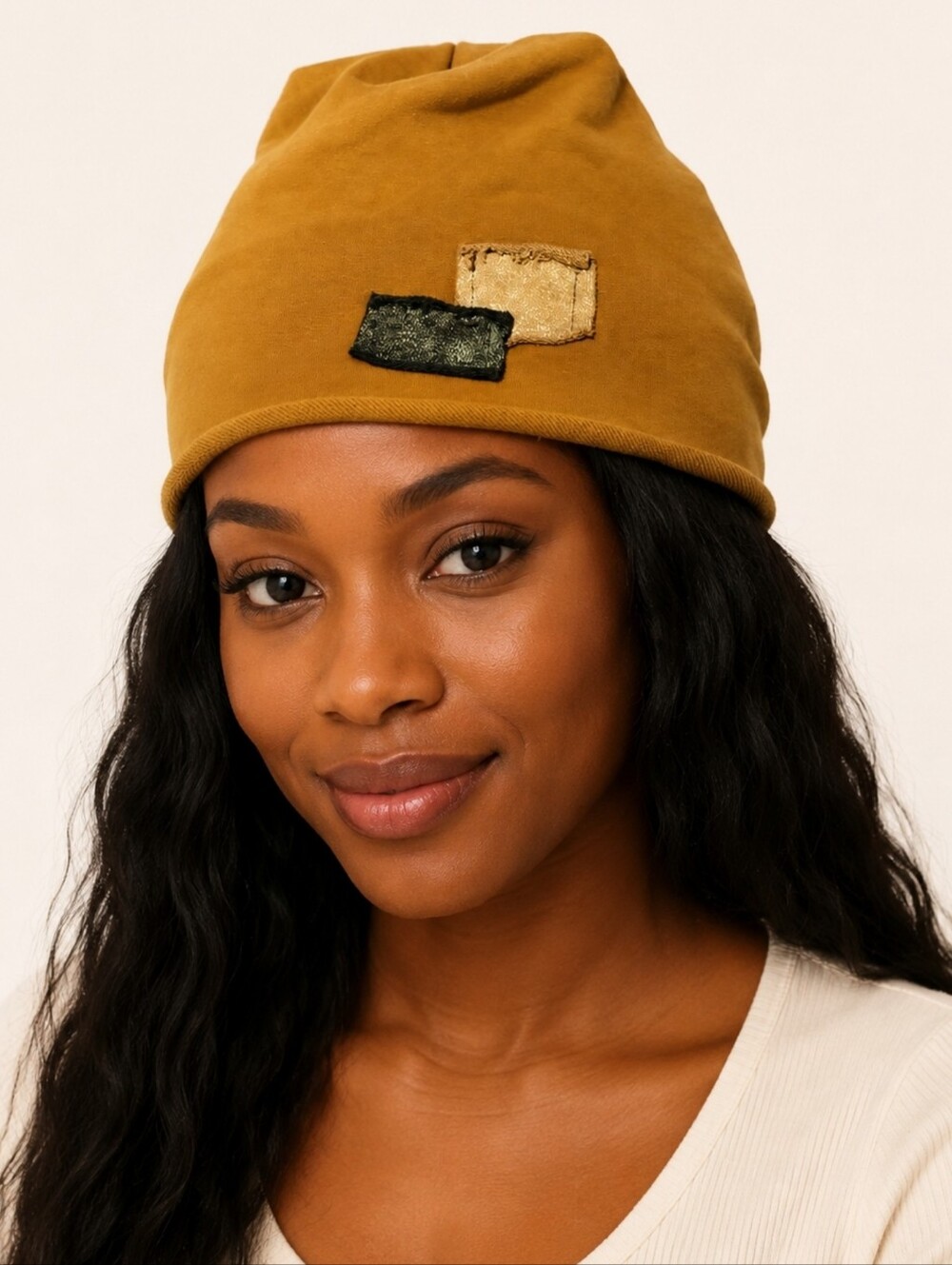 Women's Mustard slouchy Beanie hat with distressed patches